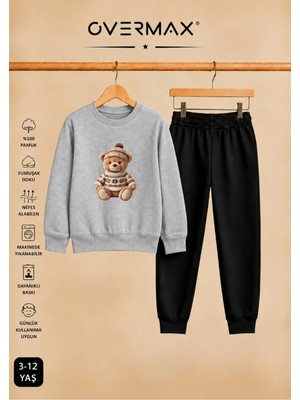 Overmax Teddy Bear Baskılı Çocuk Kapüşonsuz Sweatshirt Eşofman Takımı 3-12 Yaş