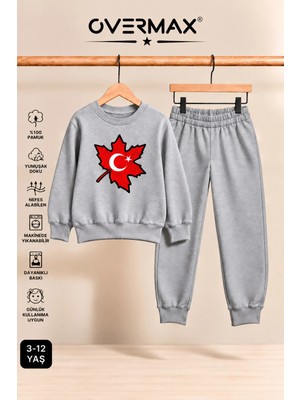 Overmax Türk Bayrağı Baskılı Çocuk Bisiklet Yaka Sweatshirt Eşofman Takımı- 3-12 Yaş
