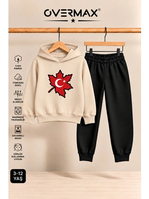 Overmax Türk Bayrağı Baskılı Kapüşonlu Sweatshirt Eşofman Takımı- 3-12 Yaş