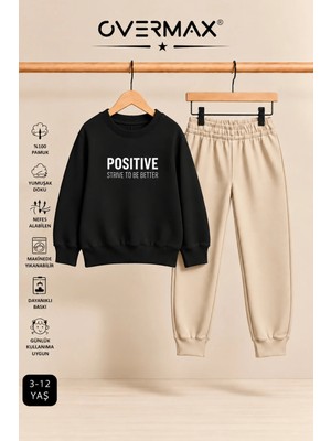 Overmax Positive Baskılı Çocuk Kapüşonsuz Sweatshirt ve Eşofman Takımı – 3-12 Yaş