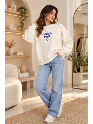Belirtilmemiş Kadın Good For U Baskılı Bisiklet Yaka Oversize Sweatshirt