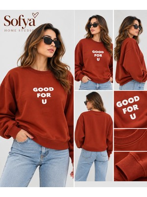Belirtilmemiş Kadın Good For U Baskılı Bisiklet Yaka Oversize Sweatshirt