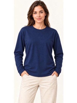 Velmora Fashion Kadın Modal Yumuşak Dokulu Bisiklet Yaka Uzun Kollu Tişört Sweatshirt - Lacivert
