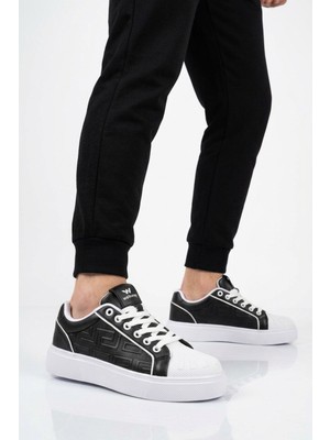 Walkway Siyah-Beyaz Bağcıklı Kalın Tabanlı Rahat Şık Unisex Casual Yürüyüş ve Spor Ayakkabı Sneaker 26201 G