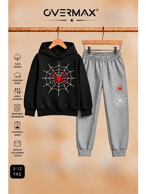 Overmax Örümcek Ağ Baskılı Kapüşonlu Sweatshirt & Eşofman Altı Takım – 3-12 Yaş