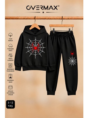 Overmax Örümcek Ağ Baskılı Kapüşonlu Sweatshirt & Eşofman Altı Takım – 3-12 Yaş