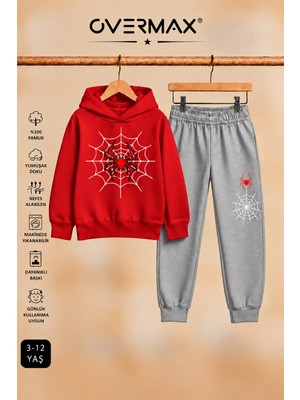 Overmax Örümcek Ağ Baskılı Kapüşonlu Sweatshirt & Eşofman Altı Takım – 3-12 Yaş