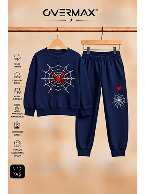 Overmax Örümcek Ağ Baskılı Kapüşonsuz Sweatshirt & Eşofman Altı Takım – 3-12 Yaş