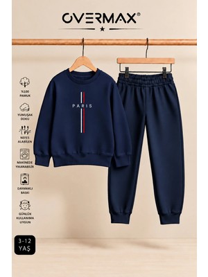 Overmax Parıs Baskılı Çocuk Kapüşonsuz Sweatshirt & Eşofman Takımı – 3-12 Yaş