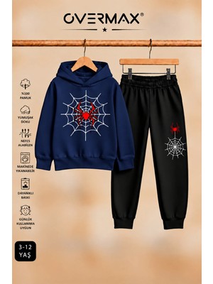 Overmax Örümcek Ağ Baskılı Kapüşonlu Sweatshirt & Eşofman Altı Takım – 3-12 Yaş