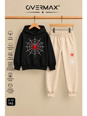 Overmax Örümcek Ağ Baskılı Kapüşonlu Sweatshirt & Eşofman Altı Takım – 3-12 Yaş
