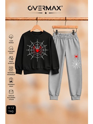 Overmax Örümcek Ağ Baskılı Kapüşonsuz Sweatshirt & Eşofman Altı Takım – 3-12 Yaş