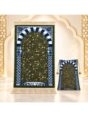 Arvares Taşınabilir Çantalı Ravza Desenli Seccade Ipeksi Dokulu Seyahat Namazlığı Hac Umre 75X125 cm Yeşil
