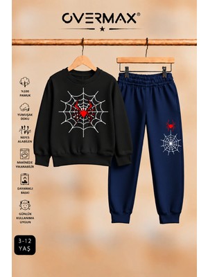 Overmax Örümcek Ağ Baskılı Kapüşonsuz Sweatshirt & Eşofman Altı Takım – 3-12 Yaş