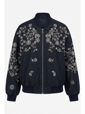 Magarde Boncuk Işlemeli Denim Bomber Ceket- Lacivert