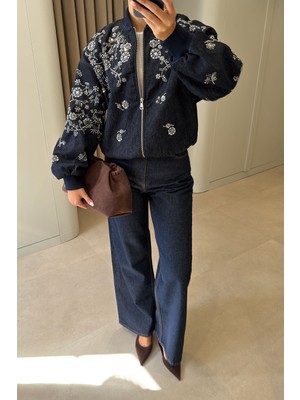 Magarde Boncuk Işlemeli Denim Bomber Ceket- Lacivert