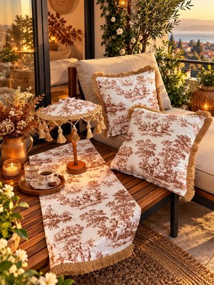 Missidea French Toile Elegance Desenli Dekoratif Masa Üstü Lambası Bali Şemsiyesi Seti – Şemsiye + Runner + 2’li Kırlent Kılıfı