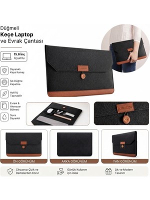 Popüler Sepet 15.6 Inç Düğmeli Keçe Laptop ve Evrak Çantası, Notebook Bilgisayar ve Dosya Taşıma Çantası