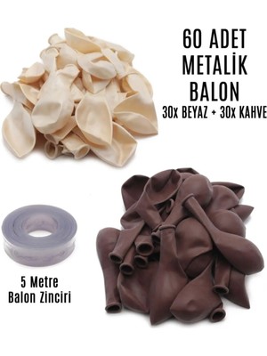 Pazariz 60 Adet Beyaz ve Kahverengi Karışık Metalik Balon + 5 Metre Balon Zinciri
