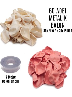 Pazariz 60 Adet Beyaz ve Pudra Karışık Metalik Balon + 5 Metre Balon Zinciri