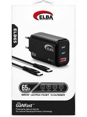 Elba ELB65 65W Siyah Ev Şarj Kafa + Type- C To Type-C Kablo ( Ganfast Teknoloji )Şarj Aleti