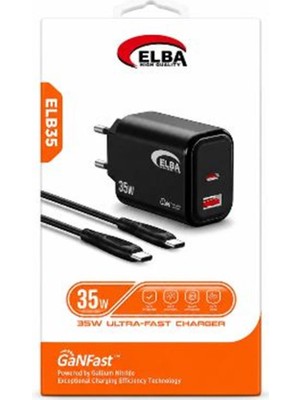 Elba ELB35 35W Siyah Ev Şarj Kafa+ Type C To Type C Kablo ( Ganfast Teknoloji ) Şarj Aleti