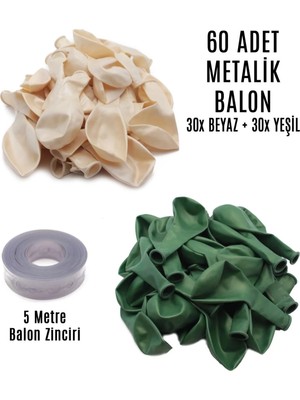 Pazariz 60 Adet Beyaz ve Yeşil Karışık Metalik Balon + 5 Metre Balon Zinciri