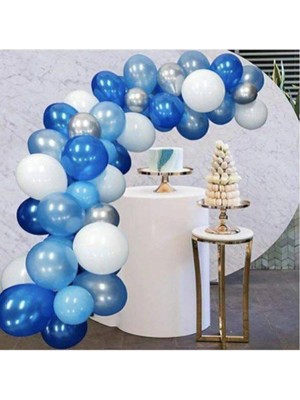 Pazariz Balon Parti 100 Adet Beyaz Mavi Gri Lacivert Metalik Balon ve Balon Zinciri