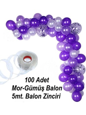Pazariz 100 Adet Metalik Balon ve 5 Metre Balon Zinciri (Mor - Gümüş Karışık ) Uçan Balon