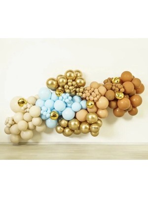 Pazariz Krom Gold Pastel Karamel Çöl Kumu Deniz Kumu ve Makaron Mavi Balon Zinciri 100 Adet