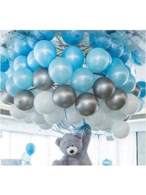 Pazariz 50 Ad A.mavi-Beyaz-Gümüş Metalik Balon, 5 mt Balon Zinciri , Parti Balon Seti