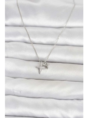 Bin1çeşit Minimal Tasarım Gümüş Renk Kutup Yıldızı Kolye 45 cm