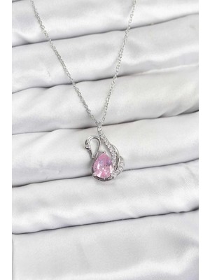 Bin1çeşit Gümüş Renk Pembe Kuğu Taşlı Kadın Kolye 45 cm Çelik Zincir