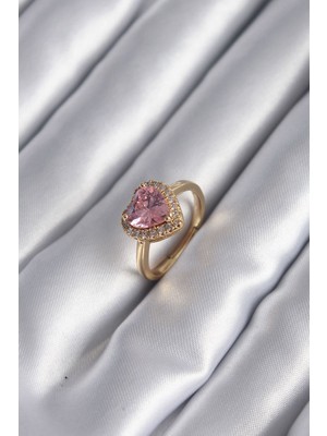 Bin1çeşit Pirinç Renk Pembe Zirkon Taş Kalp Charm Model Kadın Yüzük