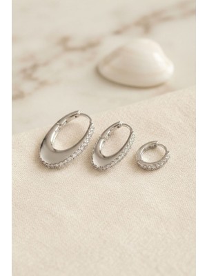 Bin1çeşit Gümüş Renk Oval Halka Model Zirkon Taşlı 3 Lü Küpe Set