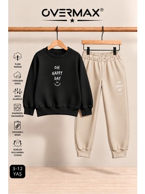 Overmax Oh Happy Day Baskılı Kapüşonsuz Sweatshirt Eşofman Takımı- 3-12 Yaş