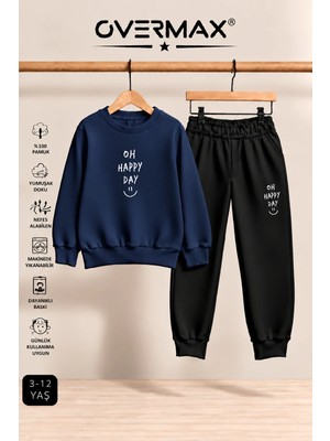 Overmax Oh Happy Day Baskılı Kapüşonsuz Sweatshirt Eşofman Takımı- 3-12 Yaş