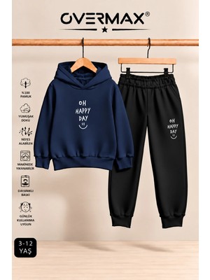 Overmax Oh Happy Day Baskılı Kapüşonlu Sweatshirt Eşofman Takımı- 3-12 Yaş