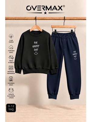 Overmax Oh Happy Day Baskılı Kapüşonsuz Sweatshirt Eşofman Takımı- 3-12 Yaş