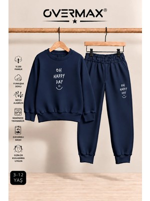 Overmax Oh Happy Day Baskılı Kapüşonsuz Sweatshirt Eşofman Takımı- 3-12 Yaş