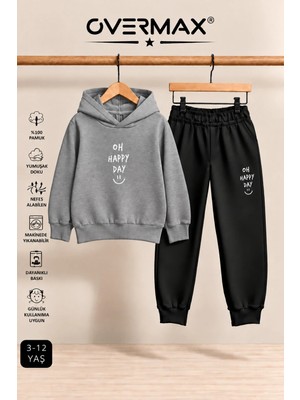 Overmax Oh Happy Day Baskılı Kapüşonlu Sweatshirt Eşofman Takımı- 3-12 Yaş
