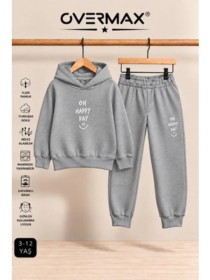 Overmax Oh Happy Day Baskılı Kapüşonlu Sweatshirt Eşofman Takımı- 3-12 Yaş