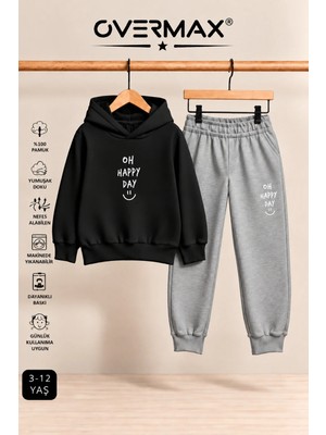 Overmax Oh Happy Day Baskılı Kapüşonlu Sweatshirt Eşofman Takımı- 3-12 Yaş