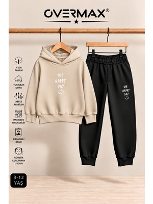 Overmax Oh Happy Day Baskılı Kapüşonlu Sweatshirt Eşofman Takımı- 3-12 Yaş