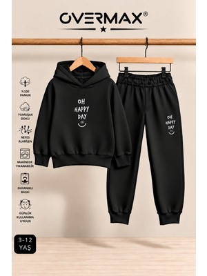 Overmax Oh Happy Day Baskılı Kapüşonlu Sweatshirt Eşofman Takımı- 3-12 Yaş