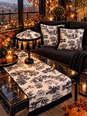 Missidea Black Toile Elegance Desenli Dekoratif Masa Üstü Lambası Bali Şemsiyesi Seti – Şemsiye + Runner + 2’li Kırlent Kılıfı