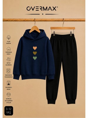 Overmax Çocuk Sevimli Kalpler Baskılı Kapüşonlu Sweatshirt & Eşofman Altı Takım – 3-12 Yaş
