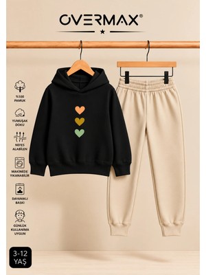 Overmax Çocuk Sevimli Kalpler Baskılı Kapüşonlu Sweatshirt & Eşofman Altı Takım – 3-12 Yaş