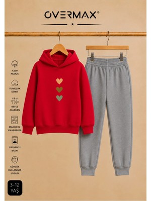 Overmax Çocuk Sevimli Kalpler Baskılı Kapüşonlu Sweatshirt & Eşofman Altı Takım – 3-12 Yaş