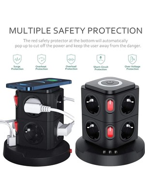 Adalı Store Termal Akım Korumalı Isıya Dayanıklı 3 USB 8 Priz ve Wireless Kablosuz Şarj 2.4 Amper Kablolu Priz